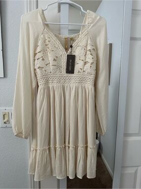 Shyanne Ivory Crochet-Front Long Sleeve Mini Dress
